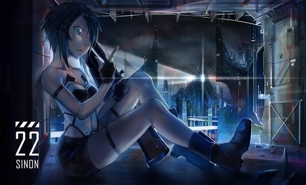 Anime picture 1500x908 with sword art online a-1 pictures asada shino lu'' single looking at viewer fringe short hair blue eyes wide image sitting bare shoulders hair over one eye aqua hair inscription night city dark background girl gloves