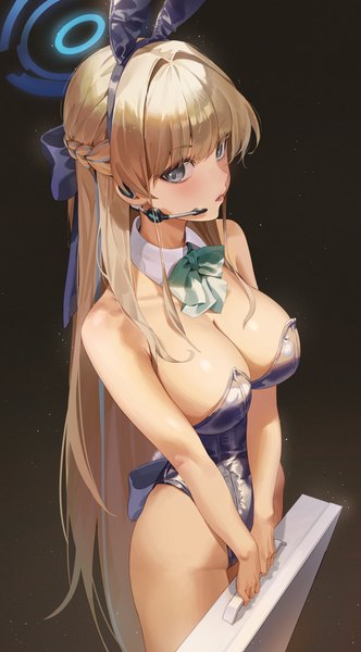 Anime picture 3006x5427 with blue archive toki (blue archive) toki (bunny) (blue archive) dance arm single long hair tall image blush fringe highres breasts blue eyes light erotic simple background blonde hair large breasts standing bare shoulders holding animal ears