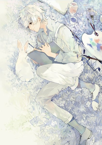Anime picture 770x1092 with original 28t single tall image fringe short hair smile holding brown eyes white hair lying long sleeves from above boy plant (plants) animal shirt shoes pants grass