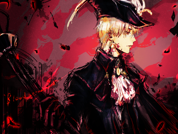 Anime picture 800x600 with fate (series) fate/grand order gilgamesh (fate) saryo single short hair blonde hair red eyes standing looking away upper body profile text english boy weapon hat earrings sword blood