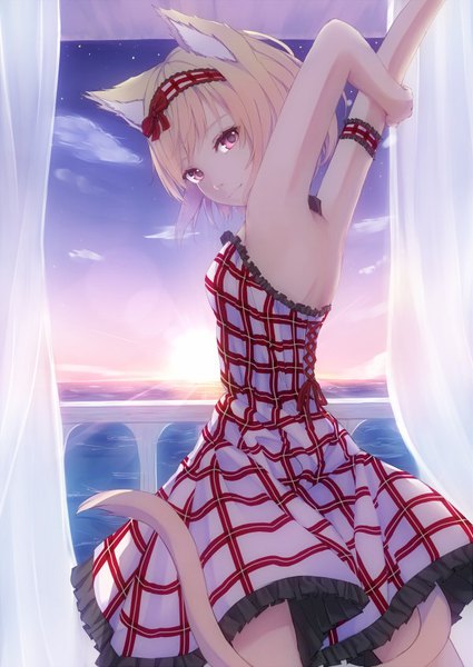 Anime-Bild 600x847 mit original nanda rone single tall image looking at viewer short hair blonde hair smile standing animal ears cloud (clouds) tail head tilt animal tail looking back from behind sunlight cat ears night arms up