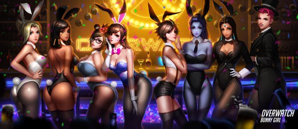 Anime picture 12000x5200 with overwatch blizzard entertainment d.va (overwatch) mercy (overwatch) widowmaker (overwatch) tracer (overwatch) mei (overwatch) pharah (overwatch) symmetra (overwatch) zarya (overwatch) liang xing long hair looking at viewer fringe highres short hair breasts blue eyes light erotic black hair