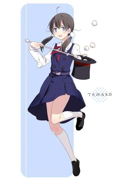 Anime picture 1000x1409 with tamako market kyoto animation kitashirakawa tamako cotta single long hair tall image blush open mouth blue eyes black hair white background twintails ahoge character names low twintails jumping girl dress uniform