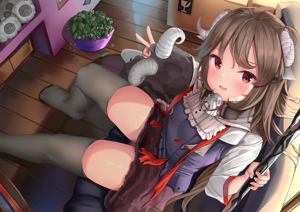 Anime picture 1587x1122 with arknights eyjafjalla (arknights) bachibachi (tisen) single long hair looking at viewer blush fringe open mouth smile red eyes brown hair sitting holding animal ears indoors horn (horns) from above no shoes zettai ryouiki