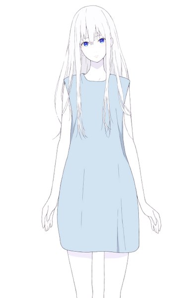 Anime picture 900x1400 with original natuich single long hair tall image looking at viewer fringe blue eyes simple background standing white background purple eyes white hair bare legs monochrome girl dress blue dress