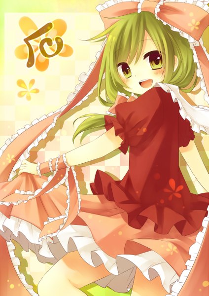 Anime picture 1753x2480 with touhou kagiyama hina amane kurumi single long hair tall image looking at viewer blush fringe highres open mouth green eyes green hair girl dress ribbon (ribbons) hair ribbon frills red dress