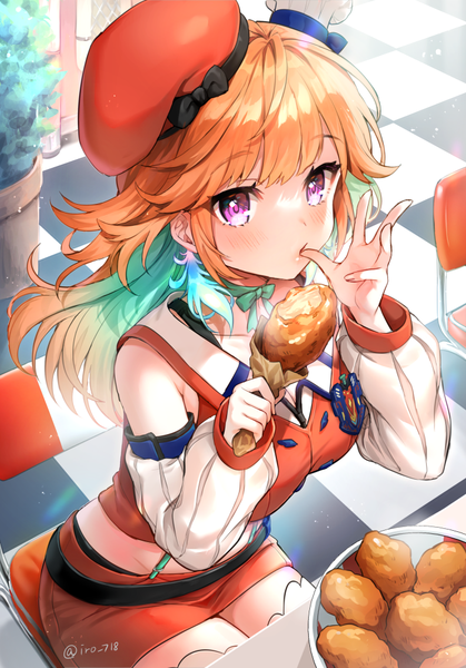 Anime picture 700x1003 with virtual youtuber hololive hololive english takanashi kiara tyyni single long hair tall image blush sitting purple eyes signed multicolored hair from above orange hair twitter username colored inner hair checkered floor floor licking