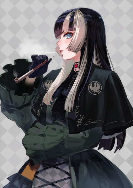 Anime-Bild 2480x3508 mit virtual youtuber hololive hololive dev is juufuutei raden murechika single long hair tall image looking at viewer fringe highres blue eyes black hair silver hair blunt bangs profile multicolored hair grey background two-tone hair smoke