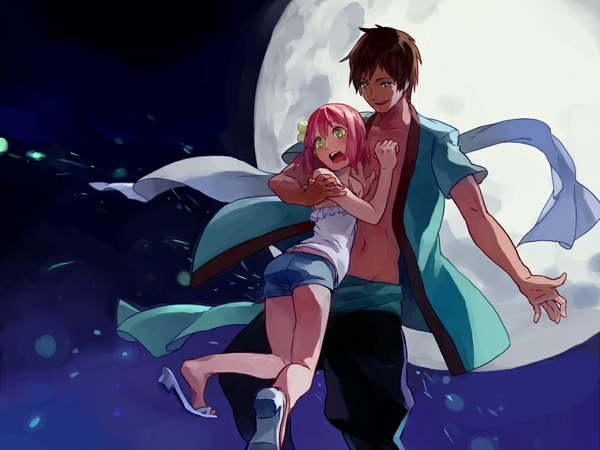 Anime picture 1000x750 with uta no prince-sama a-1 pictures nanami haruka (uta no prince-sama) aijima cecil blush short hair blue eyes brown hair green eyes yellow eyes pink hair looking back aqua eyes night open clothes bare belly short sleeves night sky sleeveless couple