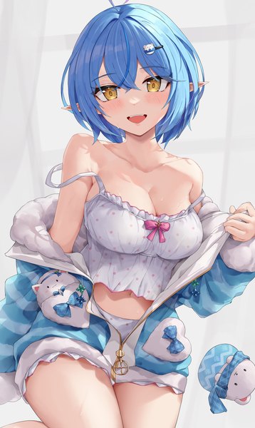 Anime picture 1553x2600 with virtual youtuber hololive yukihana lamy daifuku (yukihana lamy) yukihana lamy (4th costume) yukimin (yukihana lamy) kaguya (srx61800) single tall image looking at viewer blush fringe short hair breasts open mouth light erotic smile hair between eyes large breasts sitting