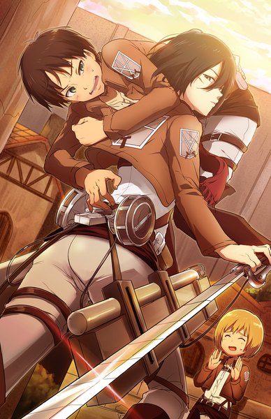 Anime picture 800x1236 with shingeki no kyojin production i.g mikasa ackerman eren yaeger armin arlert kl tall image blush short hair open mouth black hair blonde hair holding green eyes sky cloud (clouds) eyes closed looking back lips sunlight