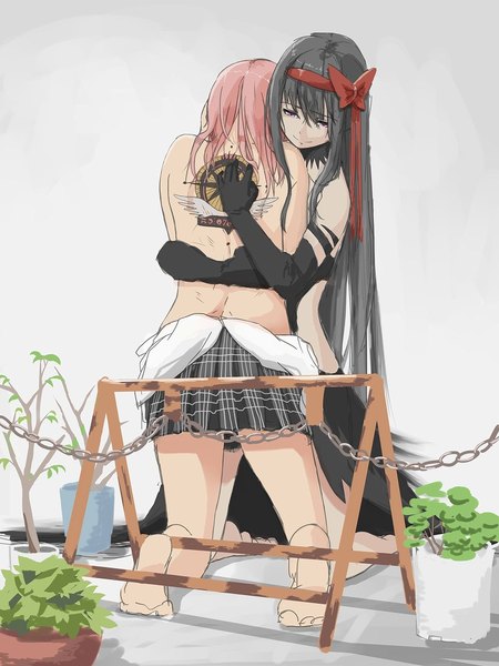 Anime picture 768x1024 with mahou shoujo madoka magica shaft (studio) akemi homura kaname madoka akuma homura saya (pixiv8960376) long hair tall image fringe short hair light erotic black hair simple background white background multiple girls head tilt pleated skirt barefoot from behind midriff