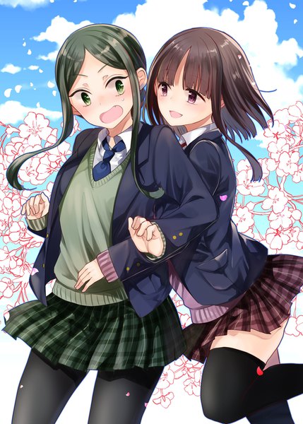 Anime picture 2927x4096 with touhou nishida satono teireida mai mimoto (aszxdfcv) tall image fringe highres open mouth smile brown hair standing purple eyes multiple girls green eyes sky cloud (clouds) outdoors blunt bangs long sleeves green hair