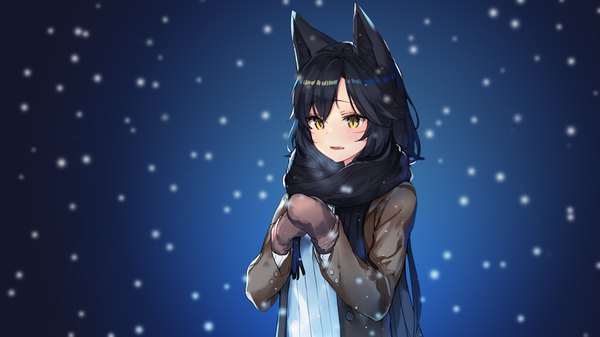 Anime picture 3840x2160 with league of legends ahri (league of legends) assassinwarrior ato (haru ato) single long hair blush fringe highres black hair hair between eyes wide image animal ears yellow eyes looking away absurdres parted lips fang (fangs) fox ears facial mark