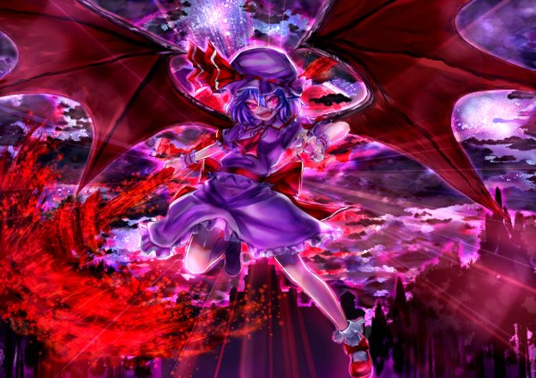 Anime picture 1250x885 with touhou remilia scarlet daishou (artist) single short hair open mouth blue hair cloud (clouds) pink eyes girl weapon hat wings headdress spear the gungnir