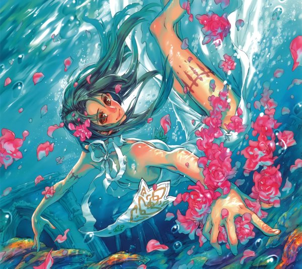 Anime picture 2765x2463 with original midori foo single long hair looking at viewer highres smile bare shoulders brown eyes blue hair hair flower sunlight tattoo spread arms underwater girl dress hair ornament flower (flowers) petals