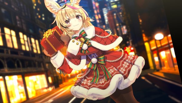 Anime picture 3840x2160 with virtual youtuber hololive omaru polka single long hair looking at viewer blush fringe highres blonde hair smile wide image purple eyes animal ears absurdres blurry fur trim christmas photo background girl