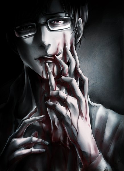 Anime picture 1470x2020 with original lorenamgrim single tall image short hair black hair simple background red eyes light smile black background licking guro boy glasses tongue blood ring hand