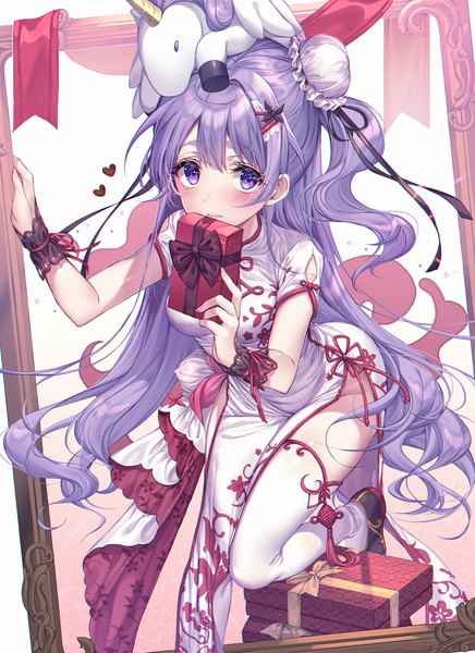 Anime picture 1500x2061 with azur lane unicorn (azur lane) unicorn (spring's present) (azur lane) kinty single long hair tall image looking at viewer blush fringe breasts light erotic simple background hair between eyes standing purple eyes holding purple hair traditional clothes fingernails