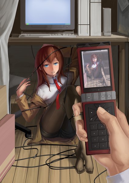 Anime picture 905x1280 with steins;gate white fox makise kurisu majicjiang long hair tall image looking at viewer blush blue eyes brown hair open clothes open jacket no shoes girl pantyhose necktie jacket shorts mobile phone computer