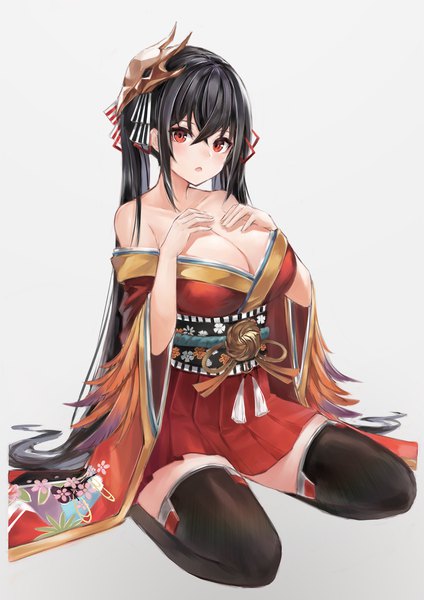 Anime picture 1158x1637 with azur lane taihou (azur lane) fuwawa (fuwawa617) single long hair tall image looking at viewer blush fringe breasts open mouth light erotic black hair simple background hair between eyes red eyes large breasts sitting twintails cleavage