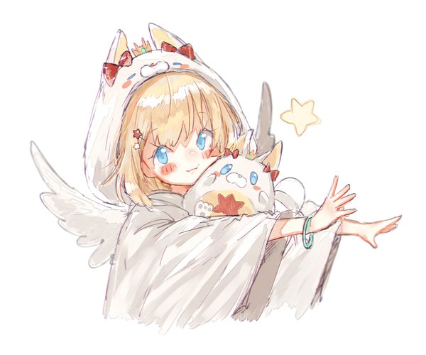 Anime picture 1800x1500 with shironeko project maaru (shironeko project) syukonbu single looking at viewer highres short hair blue eyes simple background blonde hair white background upper body outstretched arm cute animal hood blush stickers girl hair ornament animal wings