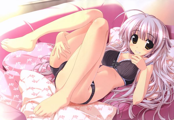 Anime picture 5852x4063 with long hair blush highres light erotic brown eyes absurdres grey hair scan underwear only legs up underwear panties pillow