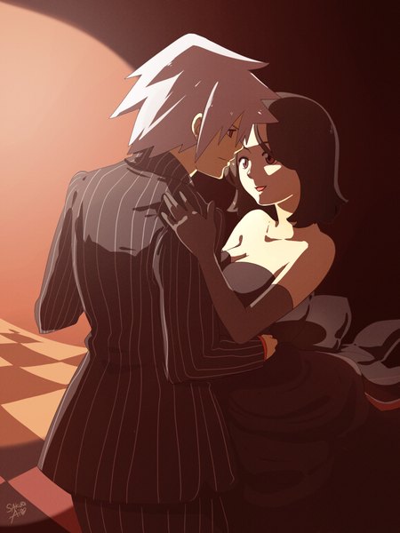 Anime picture 1500x2000 with soul eater studio bones soul eater evans ceal-sakura-ai tall image short hair black hair red eyes bare shoulders grey hair couple checkered floor spiked hair dancing girl dress boy gloves elbow gloves suit