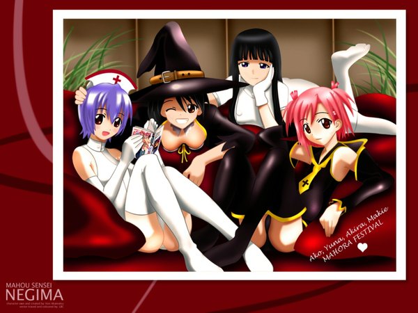 Anime picture 1600x1200 with mahou sensei negima! sasaki makie izumi ako akashi yuuna ookouchi akira highres light erotic wallpaper cosplay witch nurse thighhighs hat witch hat