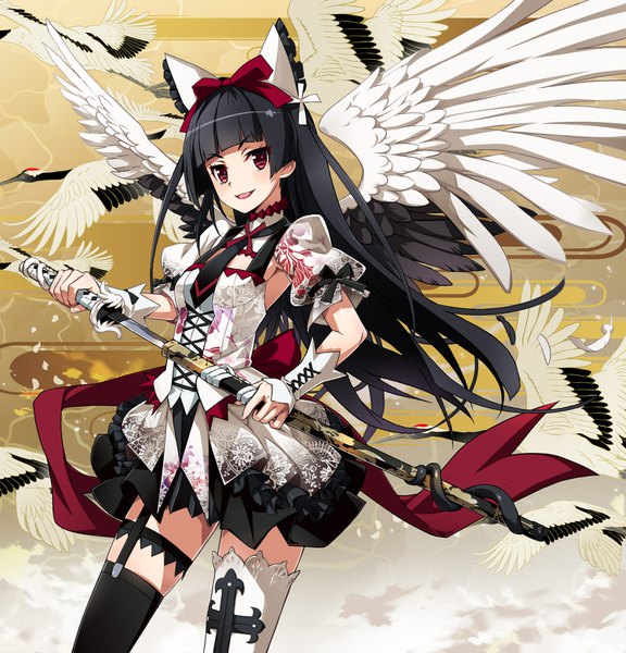 Anime picture 1496x1557 with gate - jieitai ka no chi nite kaku tatakaeri a-1 pictures rory mercury nyoronyoro single long hair tall image looking at viewer blush fringe open mouth black hair smile red eyes holding :d short sleeves alternate costume puffy sleeves floral print