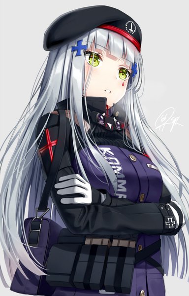 Anime picture 900x1406 with girls frontline hk416 (girls frontline) superpig (wlstjqdla) single long hair tall image blush fringe breasts simple background standing green eyes signed payot looking away silver hair upper body blunt bangs parted lips grey background