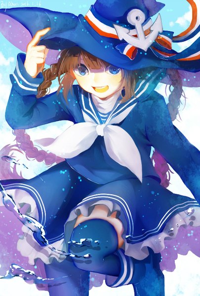 Anime picture 540x800 with wadanohara and the great blue sea wadanohara ahori single long hair tall image looking at viewer blush fringe open mouth blue eyes brown hair holding bent knee (knees) braid (braids) twin braids happy adjusting hat girl thighhighs