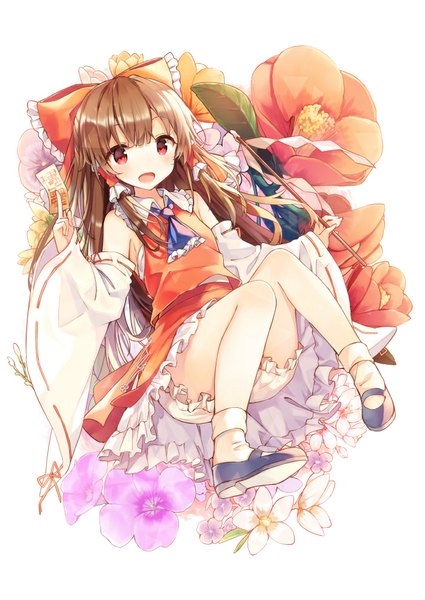 Anime picture 701x990 with touhou hakurei reimu shnva single long hair tall image looking at viewer blush fringe open mouth simple background red eyes brown hair bare shoulders traditional clothes japanese clothes reclining miko girl flower (flowers)