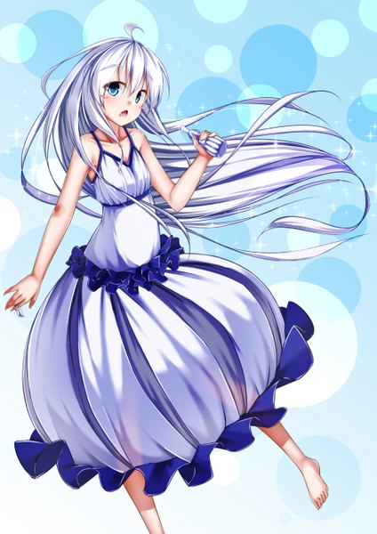 Anime picture 992x1403 with original waterdog single long hair tall image blush open mouth blue eyes ahoge white hair barefoot girl dress white dress