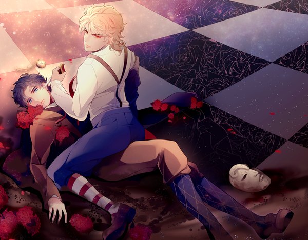 Anime picture 1899x1484 with jojo no kimyou na bouken dio brando jonathan joestar takashi (huzakenna) highres short hair blue eyes light erotic black hair blonde hair red eyes sitting looking back from above multiple boys checkered floor floor alternate age sitting on person younger