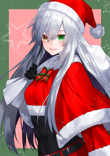 Anime picture 900x1275 with original dodome ichika waka (shark waka) single long hair tall image looking at viewer blush fringe open mouth simple background hair between eyes holding green eyes yellow eyes silver hair upper body heterochromia border christmas