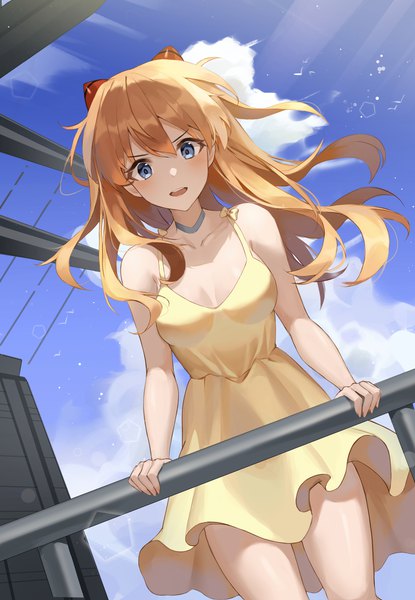 Anime picture 3916x5661 with neon genesis evangelion gainax soryu asuka langley kyo (maae00) single long hair tall image looking at viewer blush fringe highres breasts open mouth blue eyes hair between eyes standing bare shoulders absurdres sky cloud (clouds)