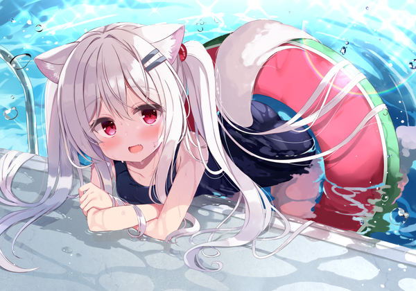Anime picture 1000x700 with original koinu-chan kujou danbo single long hair looking at viewer blush fringe breasts open mouth light erotic red eyes twintails animal ears payot silver hair ass tail :d animal tail
