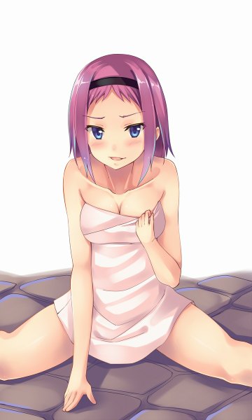 Anime picture 720x1200 with gokukoku no brynhildr arms corporation kazumi schlierensauer arios (orochi yuta) single tall image looking at viewer blush fringe short hair breasts blue eyes light erotic simple background large breasts white background sitting bare shoulders pink hair bent knee (knees)
