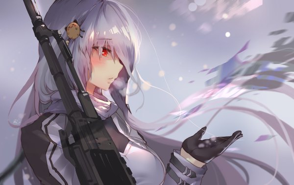Anime picture 2373x1500 with girls frontline pk (girls frontline) yueqin (monnpiano) single long hair blush fringe highres simple background hair between eyes red eyes looking away upper body long sleeves parted lips profile wind grey hair grey background snowing