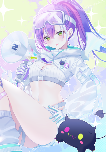 Anime picture 1407x2008 with virtual youtuber hololive tokoyami towa bibi (tokoyami towa) tokoyami towa (5th costume) myusha single long hair tall image blush fringe light erotic hair between eyes green eyes cleavage purple hair ponytail midriff hand on hip piercing