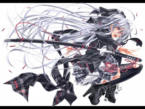 Anime picture 1130x850 with original doa (wabisabi) single long hair open mouth simple background red eyes white background silver hair girl thighhighs dress ribbon (ribbons) weapon black thighhighs hair ribbon sword boots katana