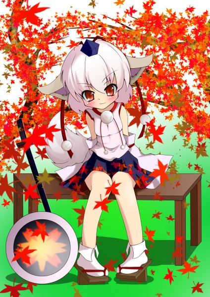 Anime picture 1770x2507 with touhou inubashiri momiji tall image blush highres smile animal ears white hair tail girl skirt hat detached sleeves sword katana leaf (leaves)