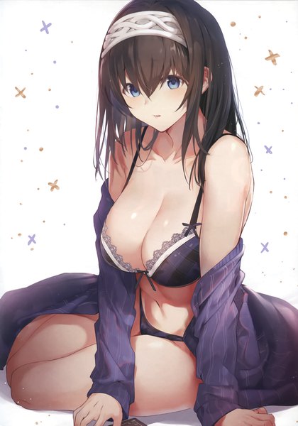 Anime picture 2128x3038 with idolmaster idolmaster cinderella girls sagisawa fumika sola (solo0730) single long hair tall image looking at viewer blush fringe highres breasts open mouth blue eyes light erotic black hair simple background hair between eyes large breasts white background