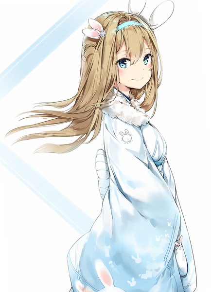 Anime picture 1000x1380 with girls frontline suomi kp31 (girls frontline) silver (chenwen) single long hair tall image looking at viewer blush fringe blue eyes blonde hair hair between eyes white background animal ears traditional clothes japanese clothes light smile wind fur trim turning head