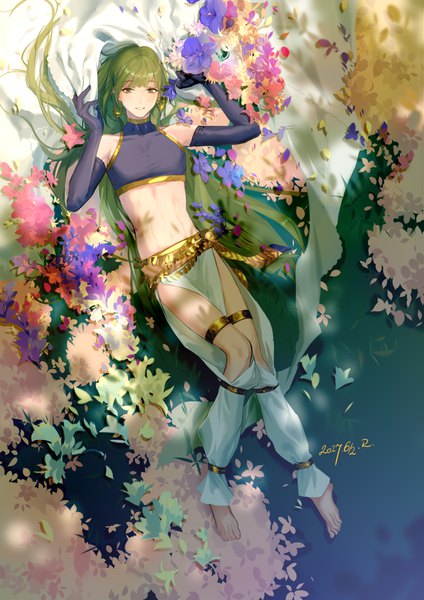 Anime-Bild 2480x3508 mit fate (series) fate/strange fake enkidu (fate) rrr (reason) single long hair tall image looking at viewer highres green eyes full body lying green hair on back dated androgynous boy gloves flower (flowers) earrings