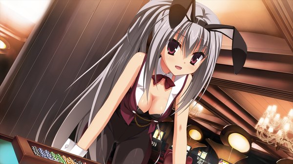 Anime picture 1280x720 with dracu-riot! yuzusoft elena olegovna owen single long hair blush breasts open mouth light erotic red eyes wide image game cg silver hair bunny ears casino girl bunnysuit