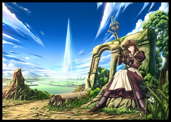 Anime picture 1280x915 with original soraizumi single looking at viewer short hair brown hair sitting brown eyes sky cloud (clouds) girl dress plant (plants) tree (trees) staff