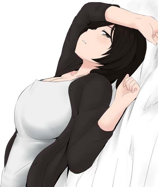 Anime-Bild 1355x1600 mit original pai-chan (nao) nao (ritsancrossover) single tall image looking at viewer blush fringe short hair breasts light erotic black hair simple background large breasts white background brown eyes cleavage lying parted lips hair over one eye