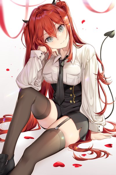Anime picture 1653x2480 with original ion (on01e) single long hair tall image looking at viewer blush fringe breasts simple background smile hair between eyes sitting twintails payot bent knee (knees) red hair tail long sleeves horn (horns)